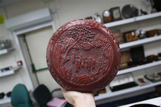 A Chinese cinnabar lacquer box and cover, 19th century, 26cm., restorations